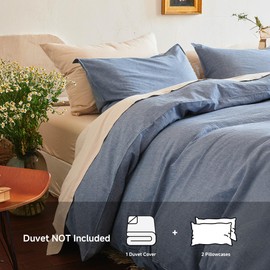 NUMWELL Duvet Cover Set Full, 100% Washed Cotton Linen Like Cooling Breathable Durable Home Bedding Set 3Pcs, Navy Blue