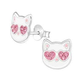 Monkimau Girls' Earrings Cat Stud Earrings Made of 925 Sterling Silver with 12 Crystals Hearts, Sterling Silver