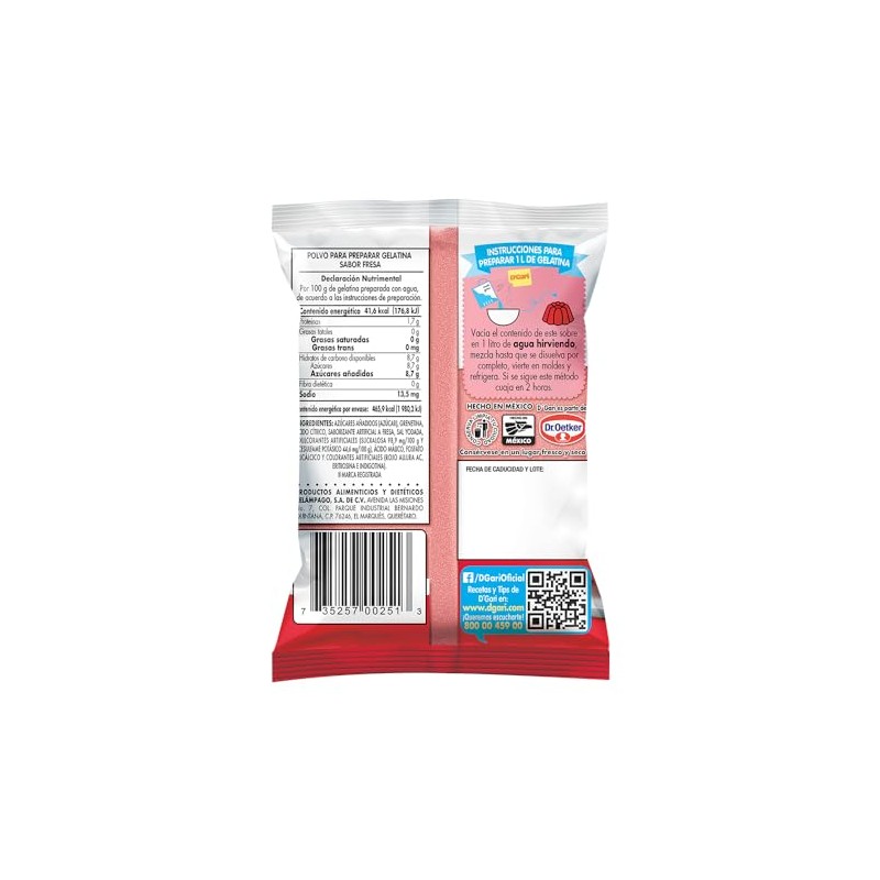 D´Gari Polvo para preparar gelatina con agua sabor fresa 120