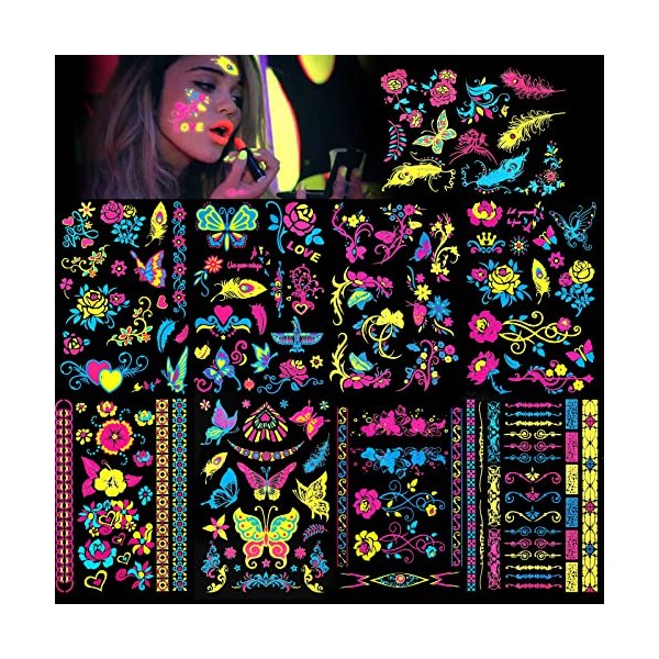 HOWAF 9 Large Sheets Neon Glow in The Dark Temporary Tattoos,100+ Assorted Designs Glow UV Neon Body Face Flowers Butterfly Flash Fake Waterproof Tattoo Stickers for Women Men Girls Body Art