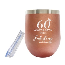AIQIUQIU 60th Birthday Gifts for Women, 60 & Fabulous 12oz Wine Tumbler with Lid, Funny Ideas 60st Birthday Mugfor Girlfriend, Sister, Friends, Daughter, Her, Vacuum Insulated Coffee Cup, Rose Gold