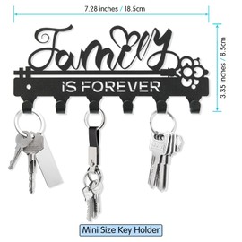 BITALYE ”Family is Forever”Mini Key Holder Wall Mounted,Small Key Holder on Wall,Black Metal Decorative Key Rack Hooks for Garage,Mudroom,Hallway,Entryway,Front Door,Office(Mini Size:18.5x8.5cm)