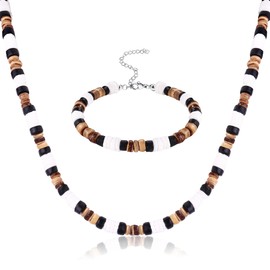 JOERICA Puka Shell Necklace for Men Women Sea Shell Surfer Necklace and Bracelet Set with Clam Chip Coconut Beads Pookah Shells Choker Necklace and Bracelet Summer Beach Jewelry Set