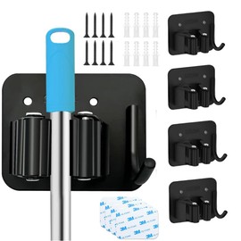4 pack wall mounted stainless steel tools Garage organization mop rack, square non-slip mop and broom organizer with hooks, for closets, garages, laundry rooms, kitchen trim, black