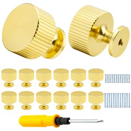 VEGCOO 12 Pack Gold Drawer Knobs, Single Hole Gold Cabinet with Screws, Round Vertical Stripes Metal Wardrobe Knobs, Modern for Drawers, Cupboard, Dresser