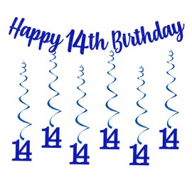 bng-bng 14th Birthday Decorations Happy 14th Birthday Bunting Banner And Hanging Swirls Streamers 14 banner For Boys 14 Years Old Birthday Decorations Party Decor Blue