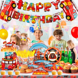 Firefighter Theme Birthday Party Decoration,155pcs Firefighter Party Decorations&Tableware Set- Firetruck Birthday Balloons Banner Tablecloth Plates Cups Napkins etc Fire Truck Birthday Party Supplies