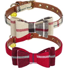 PUPTECK Puppy Collar with Bell XXS Dog Collar Charm Adjustable Bowtie Soft Leather for Cats Kittens Extra Small Dogs 2 Packs