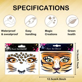 Face Tattoo Carnival, 2 Pieces Face Art Stickers, Removable Face Stickers, Temporary Glitter Face Tattoo Gemstones Festival Face Sticker for Carnival Make-Up, Carnival, Makeup (Tiger)
