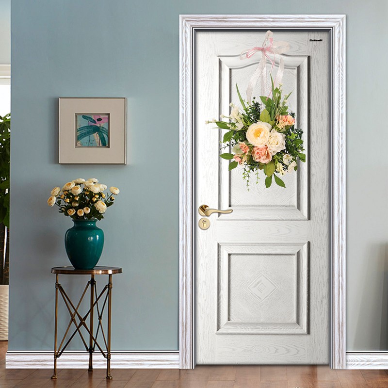 Spring Rose Wreath Front Door Decorative Hanging Wreath Artificial Wall