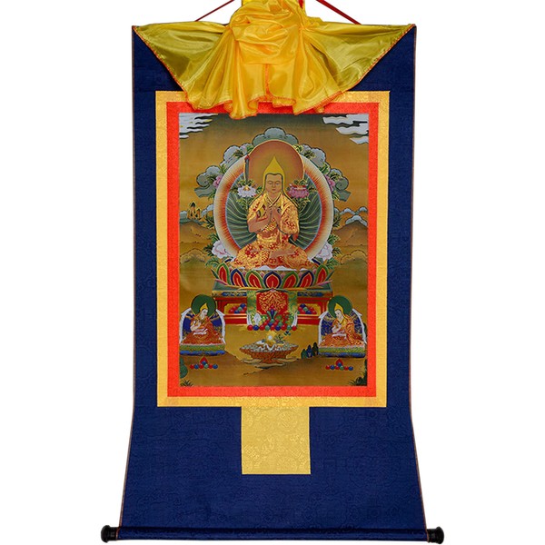 Gandhanra Tibetan Thangka Wall Hanging,Three Forms of Je Tsongkhapa(Je Rinpoche,Losang Drakpa),Buddhist Thangka Painting,Thangka Brocade,Buddha Tapestry with Scroll,for Zen Home Decor Meditation