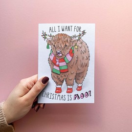 Sketchy Print Co - Funny Christmas Card - All I Want For Christmas Is Moo - Xmas Card For Wife Husband Best Friend