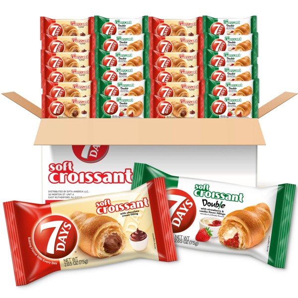 7Days Soft Croissant Variety Pack (24 Count), 12 Chocolate, 12 Strawberry Vanilla, Breakfast Pastry, Individually Wrapped On The Go Snack (Pack of 24)