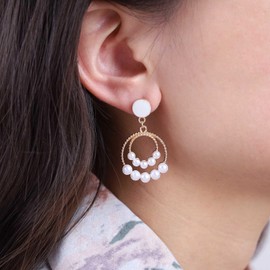Yheakne Boho Circle Pearl Earrings Gold Pearl Circle Drop Earrings Enamel White Disc Stud Earrings Double Circle Hoop Earrings Jewelry for Women and Girls