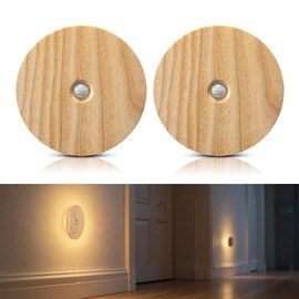 Vadifula Motion Sensor Night Lights Wood, Rechargeable Battery-Powered Magnetic Stick-On Night Lights Wall Lights for Hallway, Bedroom, and Stairs (Ash Wood *2Pack)