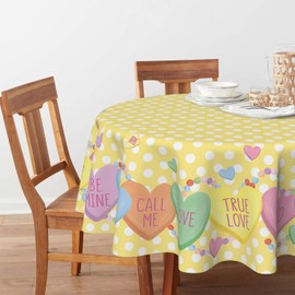 Horaldaily Valentine's Day Tablecloth 70×70 Inch Round, Candy Love Hearts Dots Yellow Washable Table Cover for Party Picnic Dinner Decor