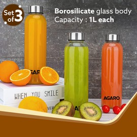 AGARO Elite Borosilicate Glass Water Bottles, Pack of 3, 1000ml Capacity Each, Microwave & Freezer Safe, Leak Proof & Airtight Lid, Scratch Resistant, Transparent.