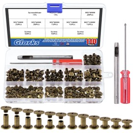 Glarks 110 Sets 6 Sizes Chicago Screws Leather Rivets with Punch and Screwdriver Kit, M5 x 4/5/6/8/10/12mm Chicago Button Binding Post Screw Nail Rivets for DIY Leather Craft Bookbinding (Gold)
