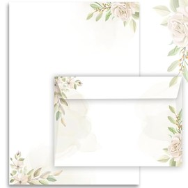 20 x Letter Paper Flower Motif with 10 Envelopes E&G Klasse Adults A4 White Green Beige Writing Paper Roses Motif Watercolour Set Writing Gift Paper