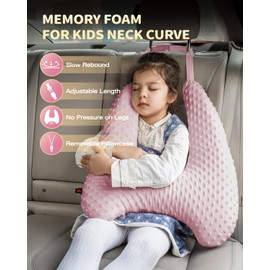 Memory Foam Kids Travel Pillow, Car Pillow for Kids, H-Shape Kids Car Pillows for Sleeping, Removable Pillowcase, Adjustable, Velvet Dots, Pink