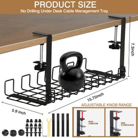 Burbell 4 Set Under Desk Cable Management Tray 15.75'' No Drill Steel Desk Cable Organizers with Clamps for Wire Management, Tray Holds up to 18 Lbs Computer Rack for Office, Black