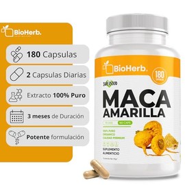 BioHerb Maca Amarilla Peruana Orgánica 100% Pura – 180 Cápsulas de 500 mg (Suministro 90 Días) – Superfood Natural – Alta Concentración y Absorción Potenciada – Extremadamente Eficaz – Calidad Premium y Vegana