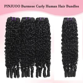 PINJUOO Burmese Curly Bundles Human Hair 18 20 22 24 Inch 100% Unprocessed Quick Weave Hair Deep Curly 4 Bundles 3C4A Water Wave Hair with Spiral Curls Double Weft Natural Color for Women