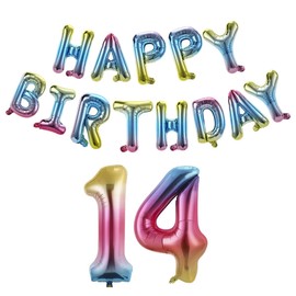 Birbirth 40 inch HAPPY BIRTHDAY Number 14 Banner Balloons letters Rainbow Theme Gradient Colorful for girls and boys,Aluminum Foil Balloons 14th Party Decorations Supplies