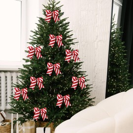 12PCS Red White Stripe Wreath Bows, Candy Burlap Bow for Wreath Valentine's Day Rustic Crafts Decorative Hanging Ornament Bow for Wedding Indoor Outdoor Wedding Holiday Birthday Party Decor