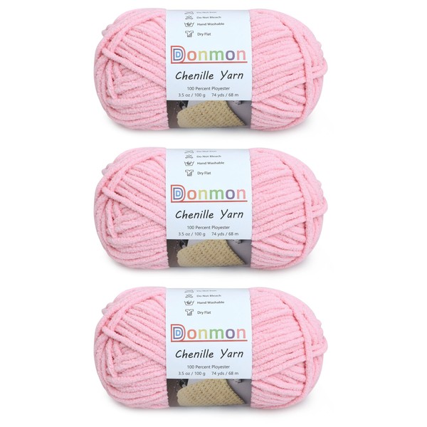 Chenille Yarn for Crocheting Handcrafts Weaving,3 Ball(Pink)
