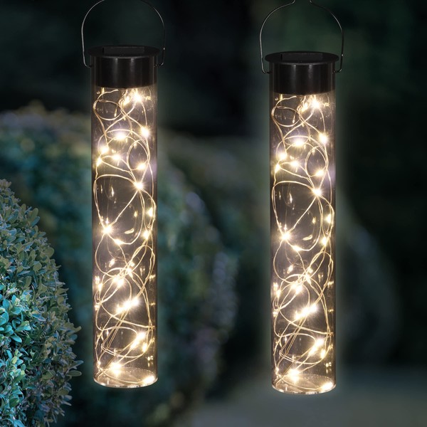 Exhart 2pc Solar Hanging Cylinder Lights, 20 Firefly LEDs, Acrylic, Accent Lighting Decor,2pc 2"x10"