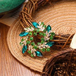 EVER FAITH Austrian Crystal Wedding Bridal Leaf Flower Wreath Brooch Pin Green Gold-Tone
