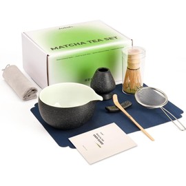 Joiish - Juego de 7 piezas de matcha para batidor y tazón con boquilla, tamiz de polvo, soporte para batidores, cucharada de bambú y soporte para