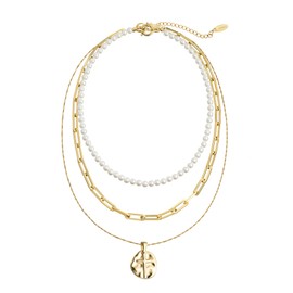 Faith Cross Layered Necklace 3 Layer 18K Gold Plated Pearl Cross Pendant Set Spiritual Strength Jewelry Gift for Women