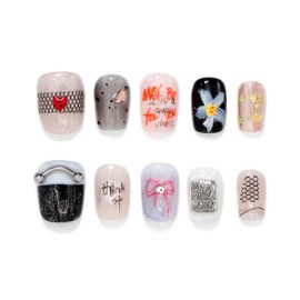 Kokowomite Nails Handmade Nail Tips, Short, Squoval, Black, Red, Flowers, Bowknots, Hand-Drawn, AB Model, Fashionable, Korean ins Style, Short Nails, Popular 3D Design, Storage Box Included, Pack of