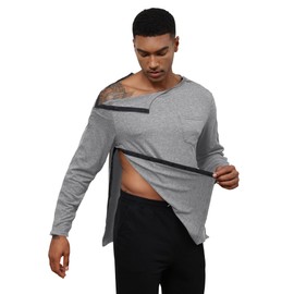 Poriff Unisex Shoulder Surgery Shirts for Men Post Surgery Shirts Big and Tall Long Sleeve Full Tear Away Snap Shirts Port Access Chemo Shirts Grey XL