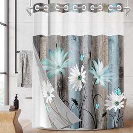 Nesphy No Hook Rustic Farmhouse Shower Curtain with Snap in Fabric Liner Set, Teal Daisy Flowers and Butterfly on Wooden Double Layers Waterproof with See Through Top Bath Curtain 71x74 Inch