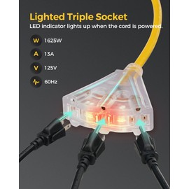 WILAWELS Retractable Extension Cord Reel, 50 FT Heavy Duty Power Cord, 14AWG/3C SJTOW, 3 Grounded Outlets Lighted Triple Tap, 13 Amp Circuit Breaker, UL Listed, Yellow Y50CR06