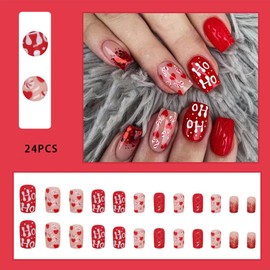 Christmas Press on Nails Short, Red Christmas Fake/False Nails with Cute Heart Shape Press ons Designs Square Christmas Nails Press on Acrylic Artificial Nails Stick on Nails For Women 24Pcs