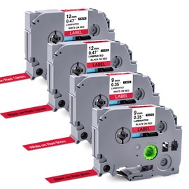 TITBIT 4 Pack Red Label Tape Work for Brother Ptouch PTE110 PTD220 PTP300BT Compatible with TZe Tape 9mm 0.35"/12mm 0.47" Laminated,Black/White on Red,for P-Touch Label Maker PTH110 PTD210 PTD610BT