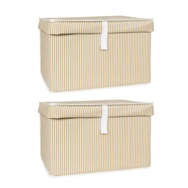 Pazar Kapısı Interlining Fabric Foldable Storage Bin Cube Organizer Basket with Flip-Top Lid, Clothes Blanket Box for Home, Office, Closet, Shelves (2 Pack 15.7 X 11.8 X 10.2, Stripes Beige)