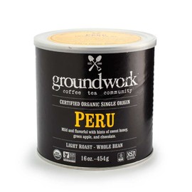 Groundwork Organic Whole Bean Light Roast Coffee, Peru, 16 Ounce Can