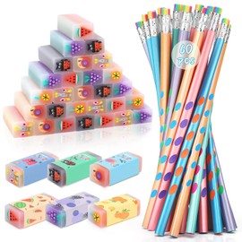 SKAMORI Set of 60 Pencils with Eraser, Children's Set, 30 HB Children's Pencils + 30 Funny Erasers Children, Pencils Children for Party Bags, Children's Birthday Parties 4 5 6 7 8 Years