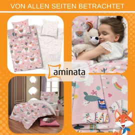 Aminata kids Lama Girls' Bed Linen - Reversible Bed Linen 135 x 200 cm Microfibre - Children's Bedding Set with Zip - Llamas, Rainbow Hearts - Allergy Sufferers