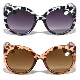 V.W.E. 2 Pairs Women Bifocal Reading Sunglasses Reader Glasses Gradient Tinted Lens Vintage Round Cateye (1 Grey Leopard 1 Brown Leopard, 2.25)