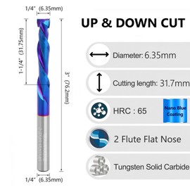 Bestgle 1/4" Shank 2 Flute Spiral Compression Flat Nose End Mill CNC Router Bit Up Down Cut Nano Blue Coated Carbide Milling Cutter 1/4 x 1/4 x 1-1/4 x 3
