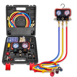 Rogvoc HVAC Manifold Gauge Set for R22/R410a/R134a Refrigerant, 3 Way AC Refrigerant Gauges Set with R22 R410a Safety Valves, 5FT Hoses, R134a Adapters, Can Tap, Upgrade Red