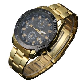 Classical Men Round Dial Alloy Belt Quartz Watch Fashion Business Wristwatch (Gold+Black)