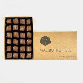 1 lb fancy candy box of gourmet Sea Salt Caramels. Each candy is hand dipped in Dark Chocolate an topped with Sea Salt. A chewy, smooth, and creamy gourmet Caramel candy treat to enjoy or gift