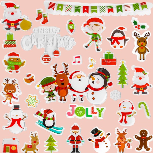 CCINEE 33pcs Christmas Thick Gel Clings,Xmas Tree Santa Claus Snowman